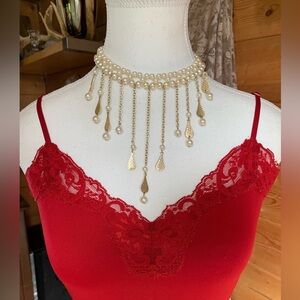 Vintage Twee Coquette Glam Gold Tone Faux Pearl Choker Necklace Costume Jewelry